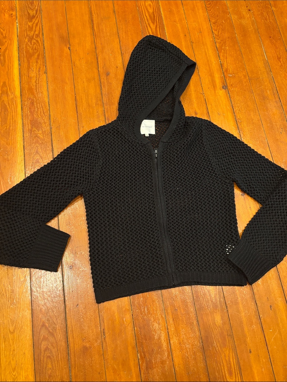 Black Hooded Cropped Knit Zip Sweater Size M